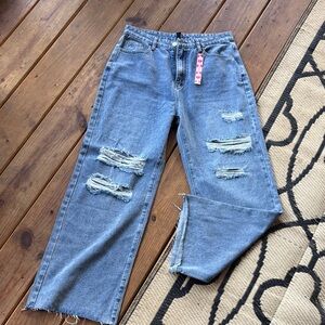 Cider Light Blue Distressed Straight Leg Jeans